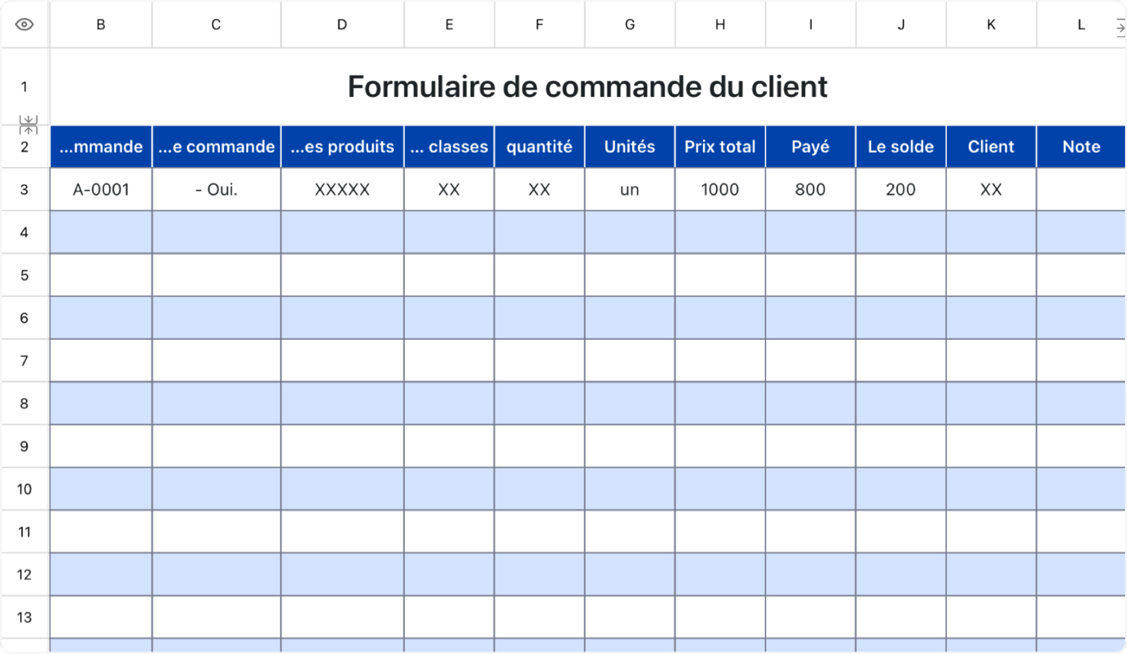 Formulaire de commande du client